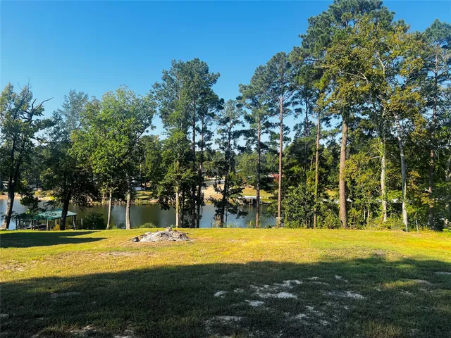 a view of swimming pool with lawn chairs and large trees