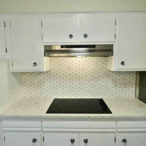 a close view of a stove top oven a sink a refrigerator and dishwasher
