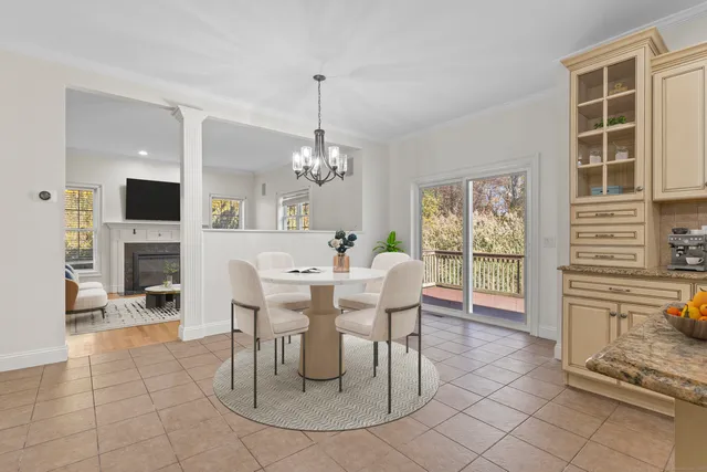 a view of a dining room with furniture