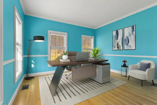 a workspace with wooden floor