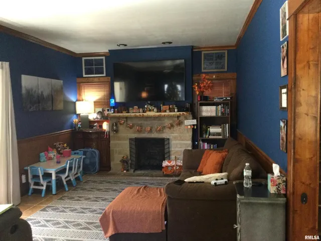 a living room with furniture and a fireplace