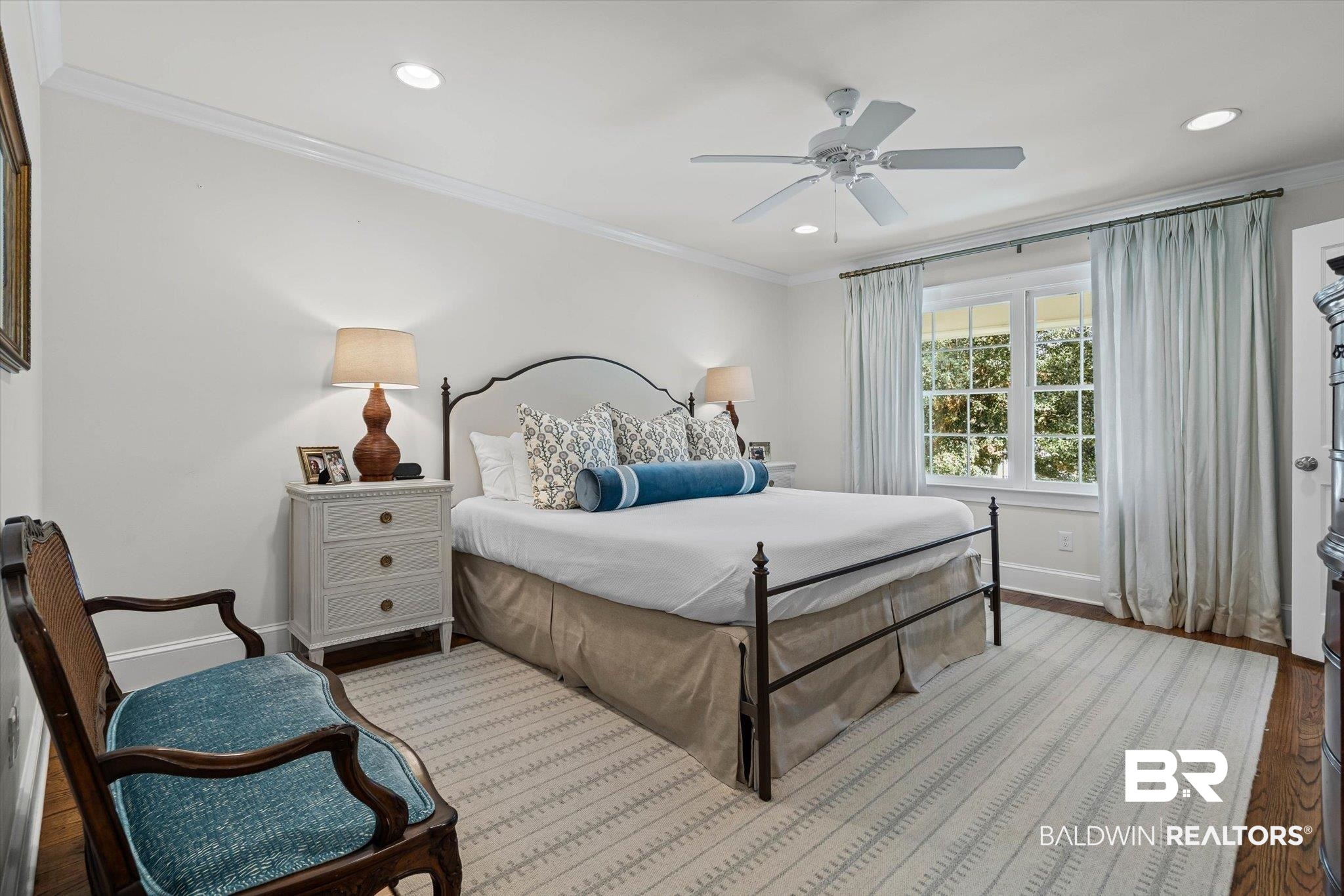 513 Spring Park Drive East Mobile, AL 36608 - Photo 20 of 44 Bedroom featuring crown molding, a ceiling fan, recessed lighting, and wood finished floors