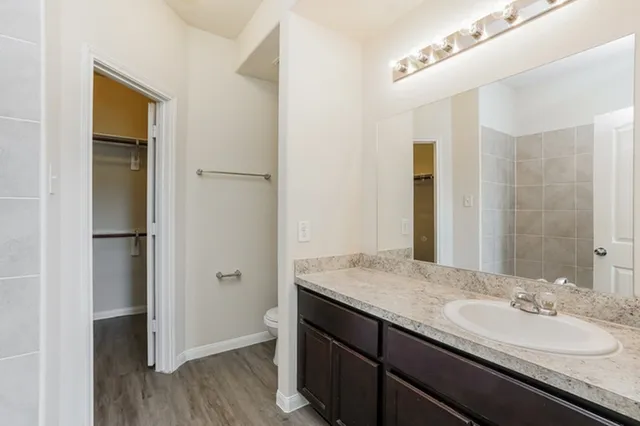 a bathroom with a granite countertop sink and a mirror
