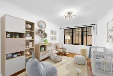 a living room with furniture a fireplace and large windows