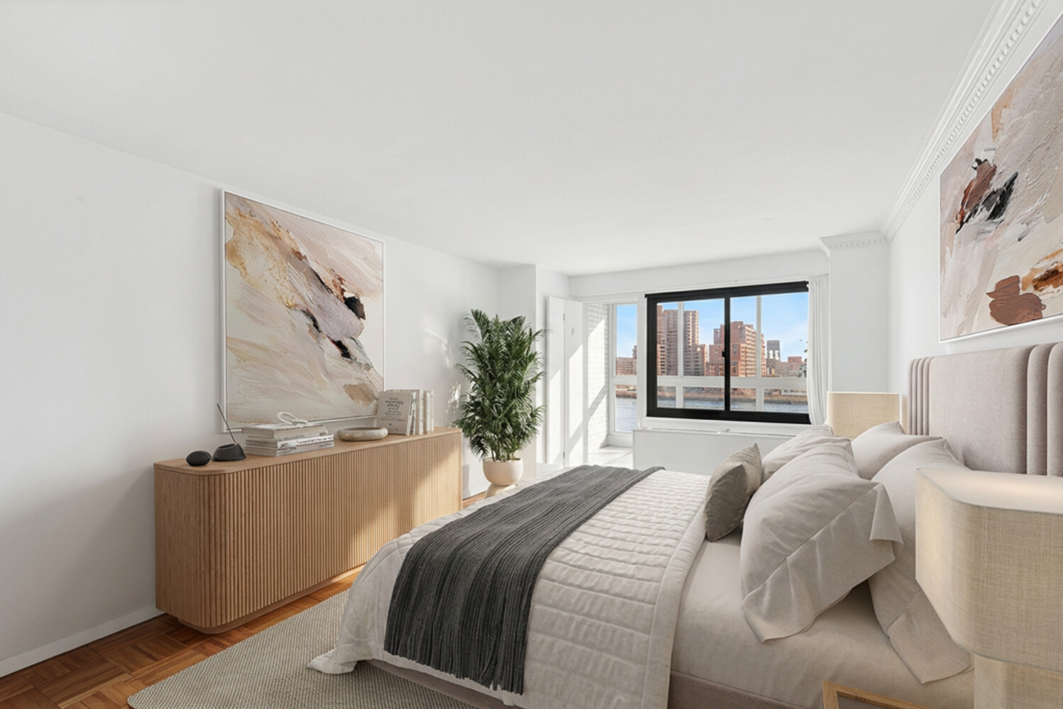 530 East 72nd Street, Unit 3F Manhattan, NY 10021 - Photo 7 of 16 a bedroom with a bed and a potted plant on the dresser