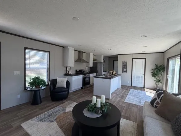 a living room with furniture potted plant and kitchen view
