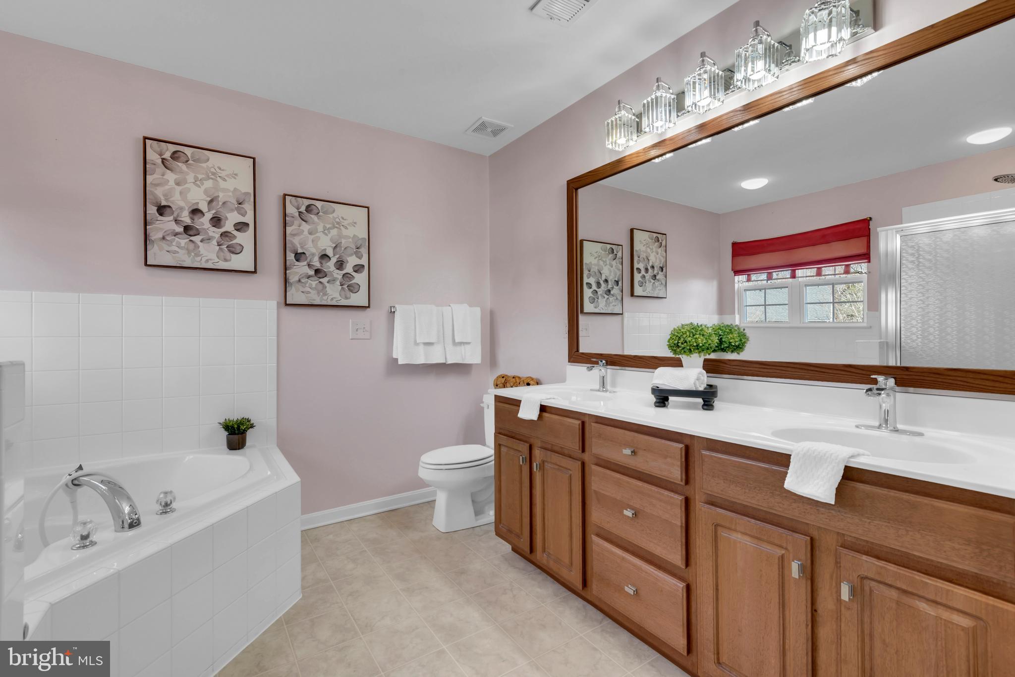 1104 Ruddy Duck Court Denton, MD 21629 - Photo 29 of 50 a bathroom with a granite countertop double vanity sink a mirror a bathtub and a toilet