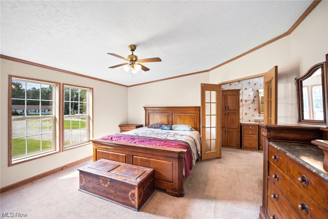 6268 Peck Road Ravenna, OH 44266 - Photo 13 of 25 Bedroom with a textured ceiling, crown molding, multiple windows, lofted ceiling, light carpet, and ceiling fan