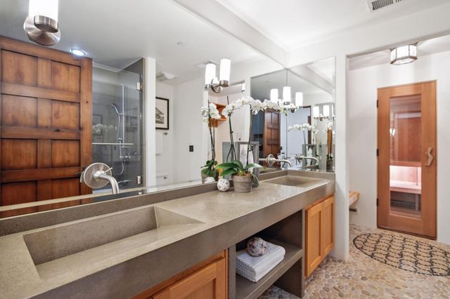 a view of a swimming pool with a garden