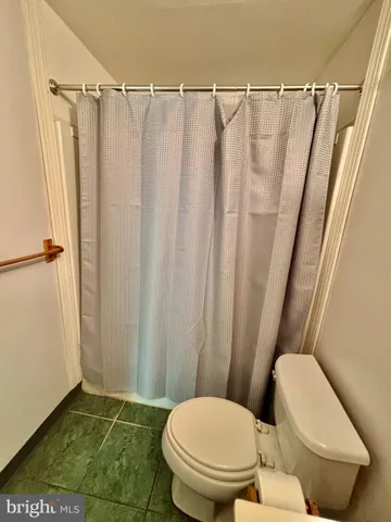 a bathroom with a toilet and a shower curtain