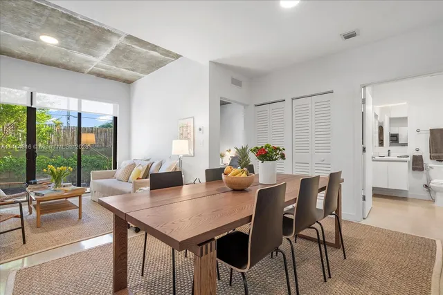 a view of a dining room with furniture window and outside view