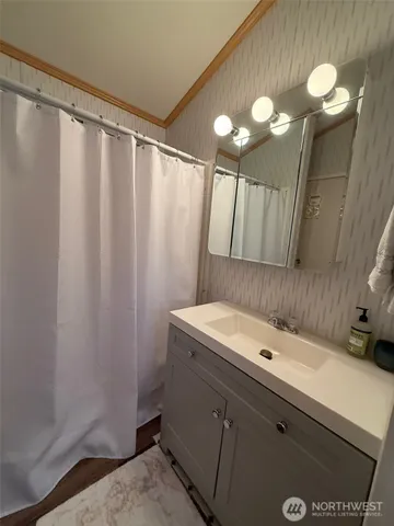 a bathroom with a sink and a mirror