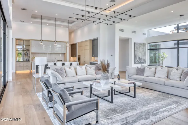 a view of a garden with outdoor seating