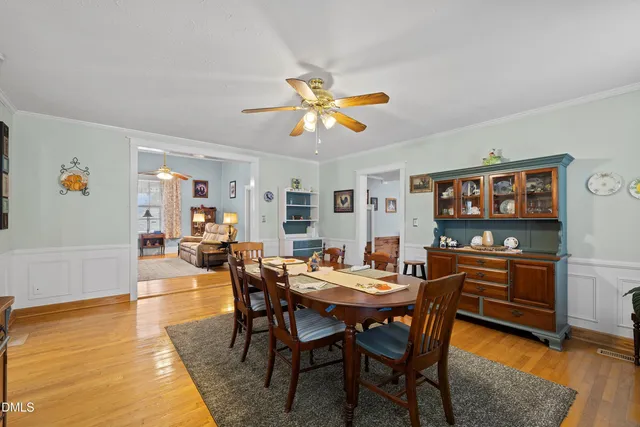a view of a dining room with furniture