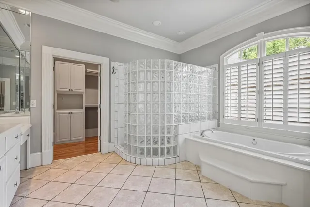 a bathroom with a bathtub and a shower