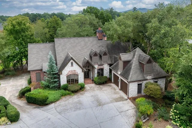an aerial view of a house with a yard and potted plants
