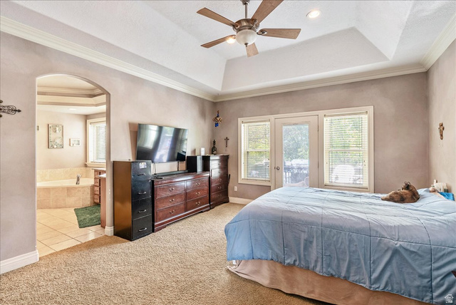316 Azure Circle Draper, UT 84020 - Photo 20 of 48 Spacious bedroom featuring vaulted ceilings, crown molding, a ceiling fan, and direct outdoor access