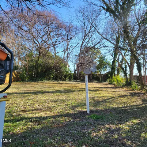 a view of a yard with a large tree