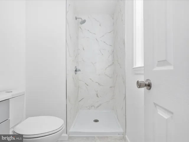 a bathroom with a shower and toilet