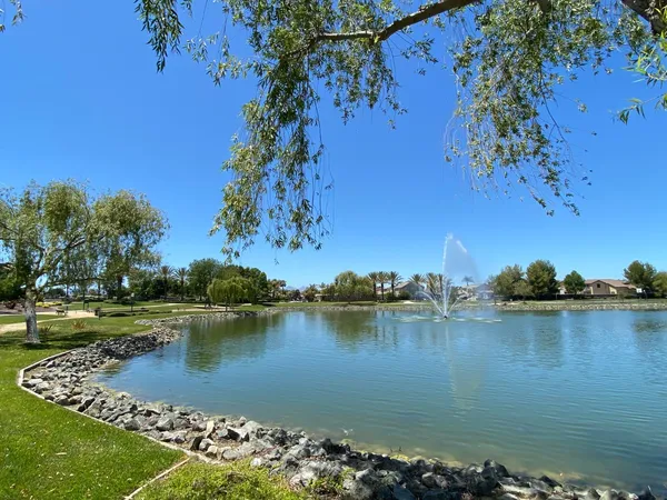 a view of a lake with houses