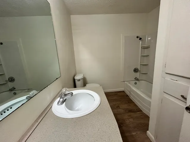 a bathroom with a sink a toilet and shower