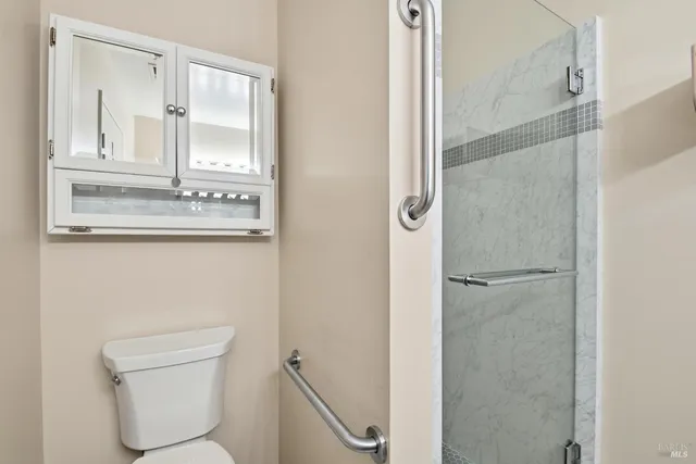 a bathroom with a granite countertop shower a toilet and a sink