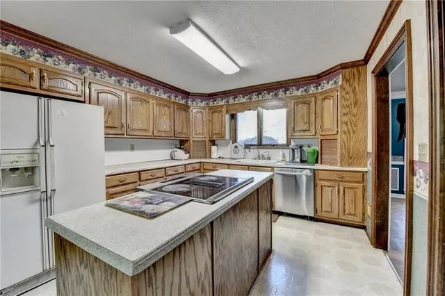 a kitchen with a stove a sink and a refrigerator
