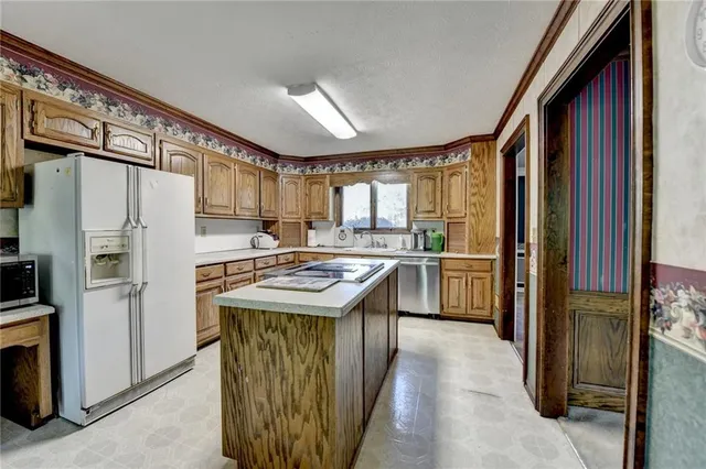a kitchen with refrigerator a sink and cabinets