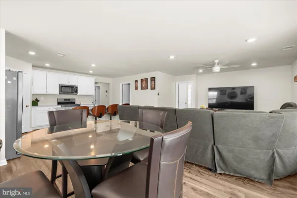 a view of a dining room with furniture