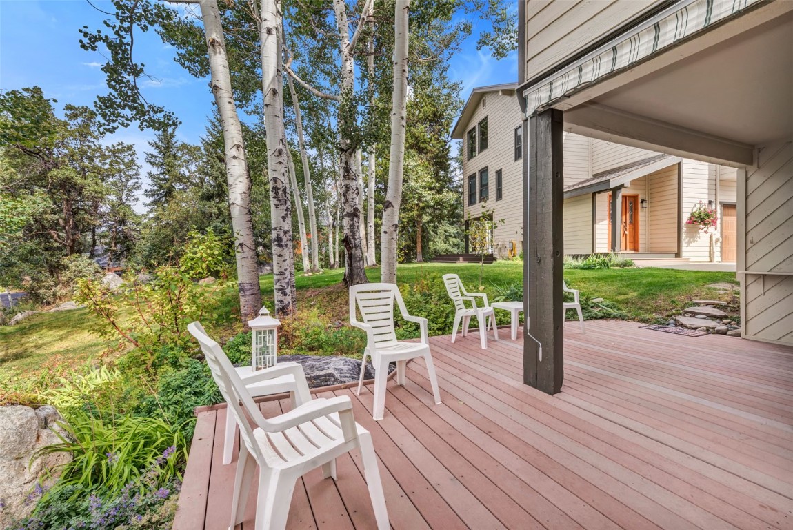 2116 Aster Place Steamboat Springs, CO 80487 - Photo 34 of 42 a view of a patio with table and chairs near a garden