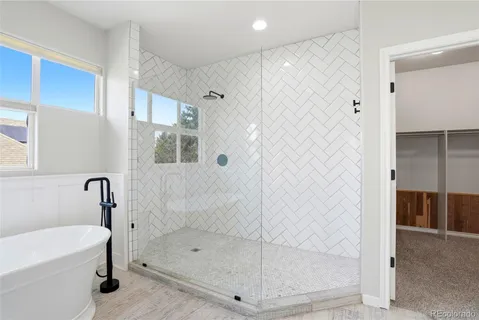 a bathroom with a bathtub and a shower