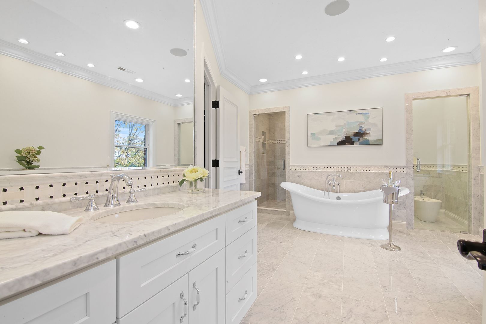 2 Windridge Road South Barrington, IL 60010 - Photo 22 of 50 a bathroom with a granite countertop sink mirror and bathtub