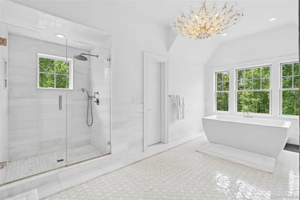 a bathroom with a bathtub and a shower