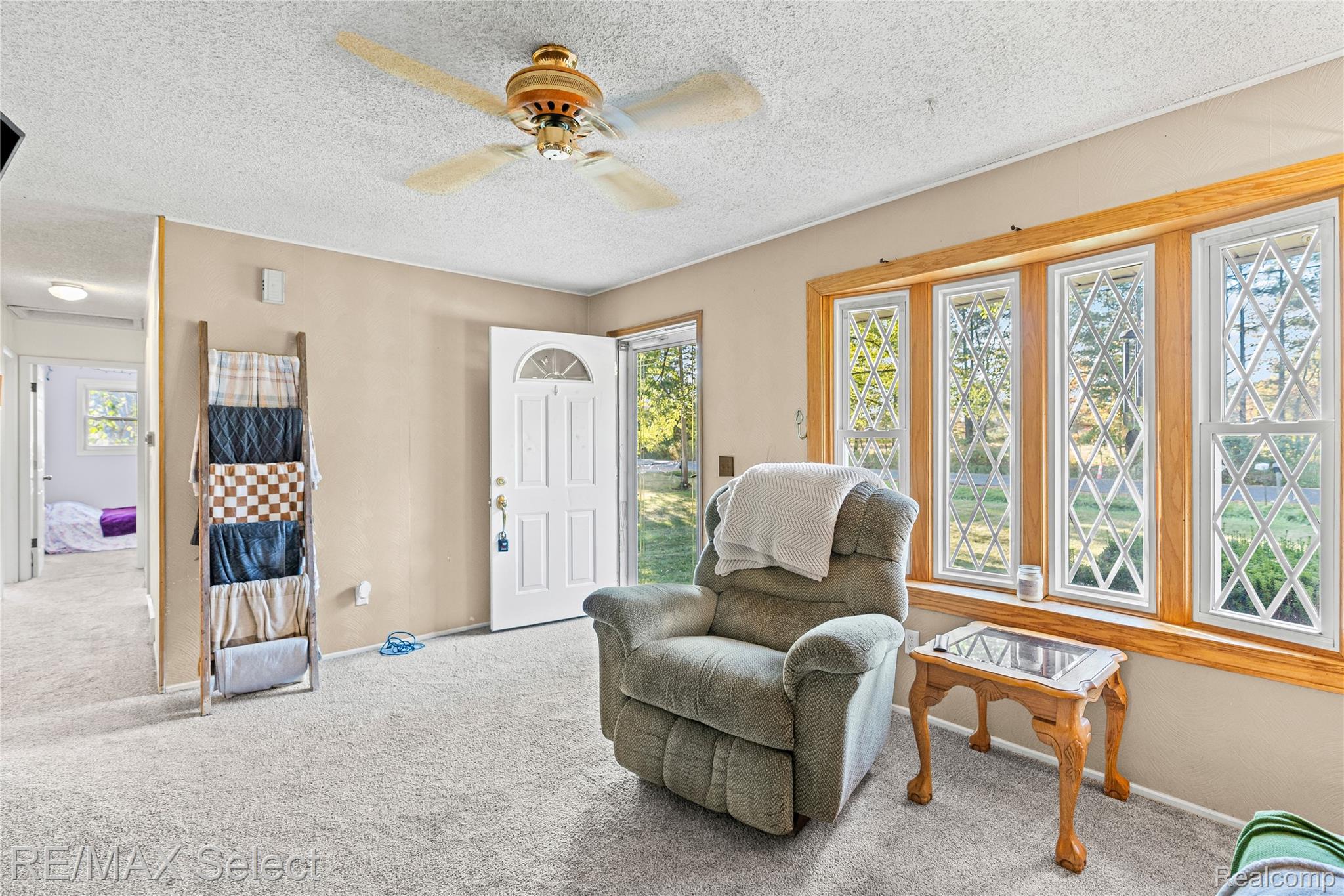 6393 East Frances Road Mount Morris, MI 48458 - Photo 13 of 37 Living area featuring a ceiling fan, carpet, and a textured ceiling