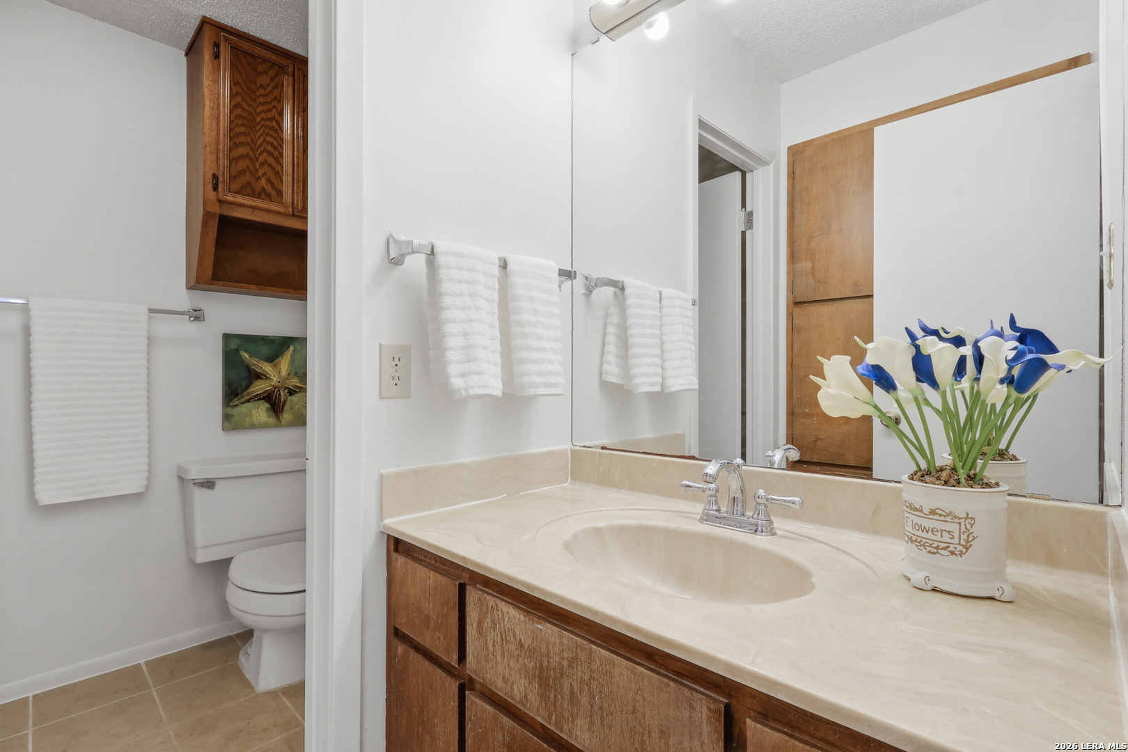 261 Fawn Lane Spring Branch, TX 78070 - Photo 26 of 44 a bathroom with a granite countertop sink a toilet and a mirror