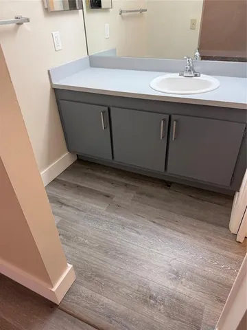 a bathroom with a sink and a mirror