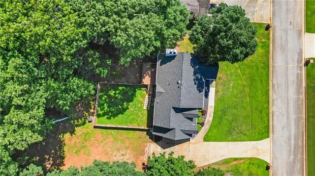 an aerial view of a backyard
