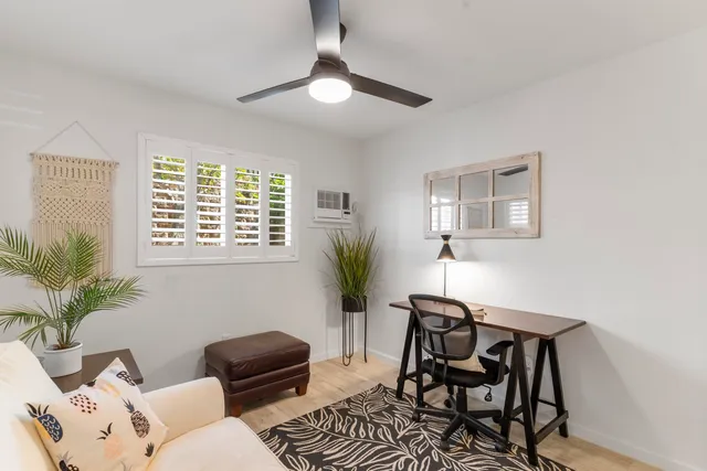 a living room with furniture and a potted plant