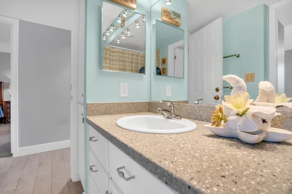 a bathroom with a shower curtain and a bathtub