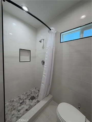 a bathroom with a shower and toilet