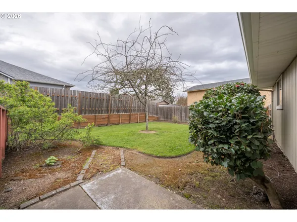 a view of a yard with an tree and a fence
