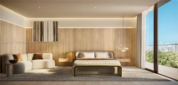 a bedroom with a bed and glass window