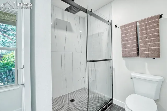 a bathroom with a shower and a toilet