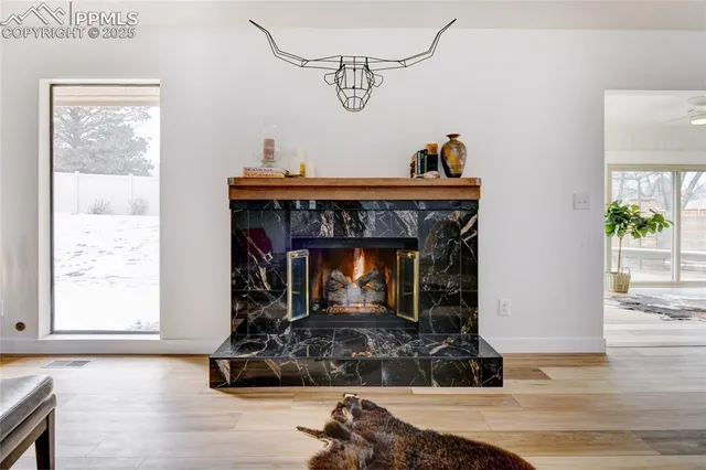 a fireplace with furniture and a window