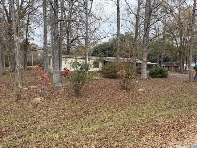 a view of a yard with large trees