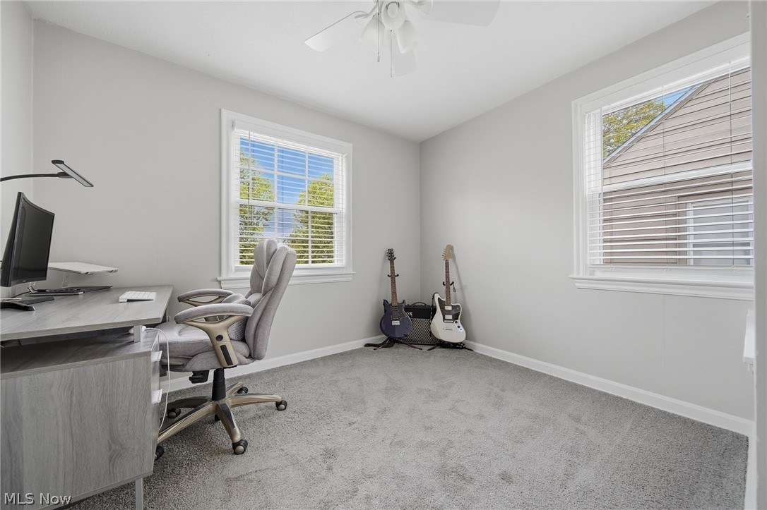 2231 Brockway Road University Heights, OH 44118 - Photo 20 of 46 Carpeted room featuring light gray walls, two windows with white trim, a ceiling fan, and baseboard molding