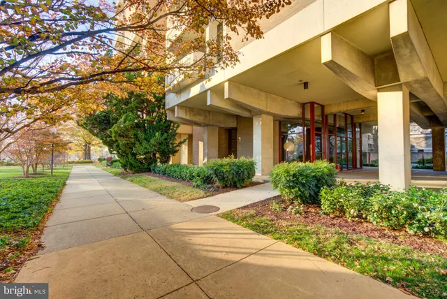 a view of a building with a garden