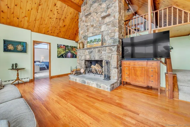 a living room with fireplace furniture and a flat screen tv
