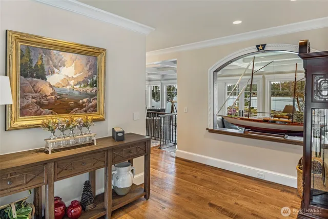 a living room with large mirror
