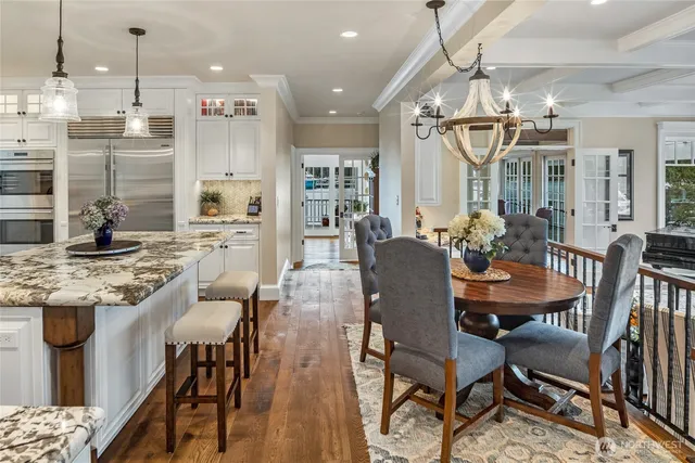 a view of a dining room with furniture